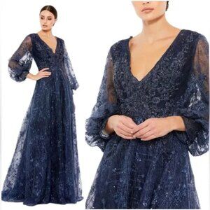 Mac‎ Duggal 20283 Size 16 Blue Embellished Plunge Neck Puff Sleeve A-Line Gown